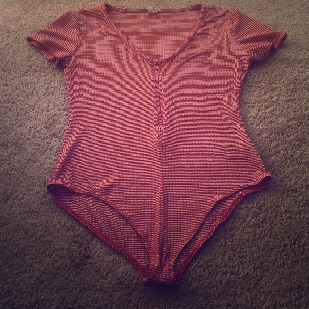 Red & white striped, zip front, bodysuit